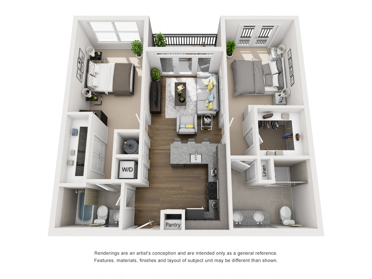 Floor plan for 2 beds, 2 baths, 1024 sqft